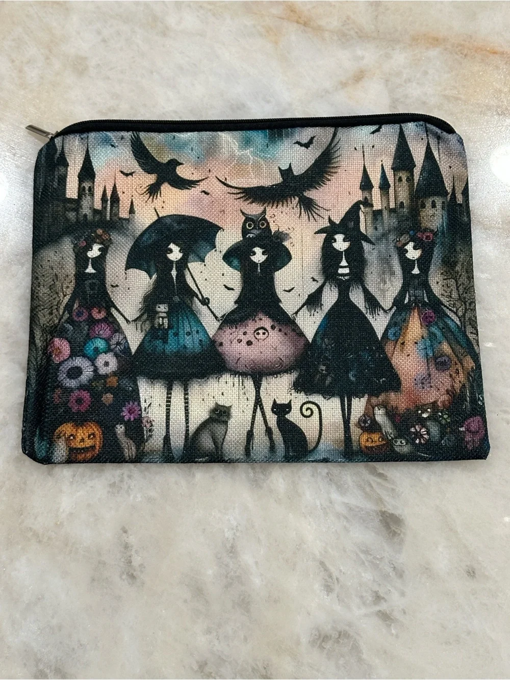 Whimsical Halloween Print Zipper Pouch - Black/Pastel